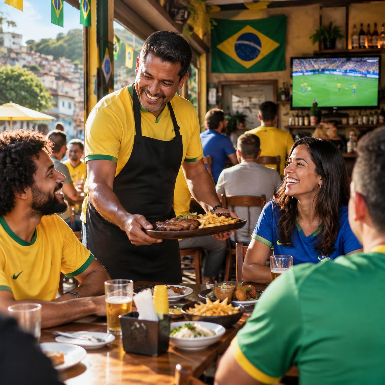 Restaurante de bairro cheio de clientes torcedores