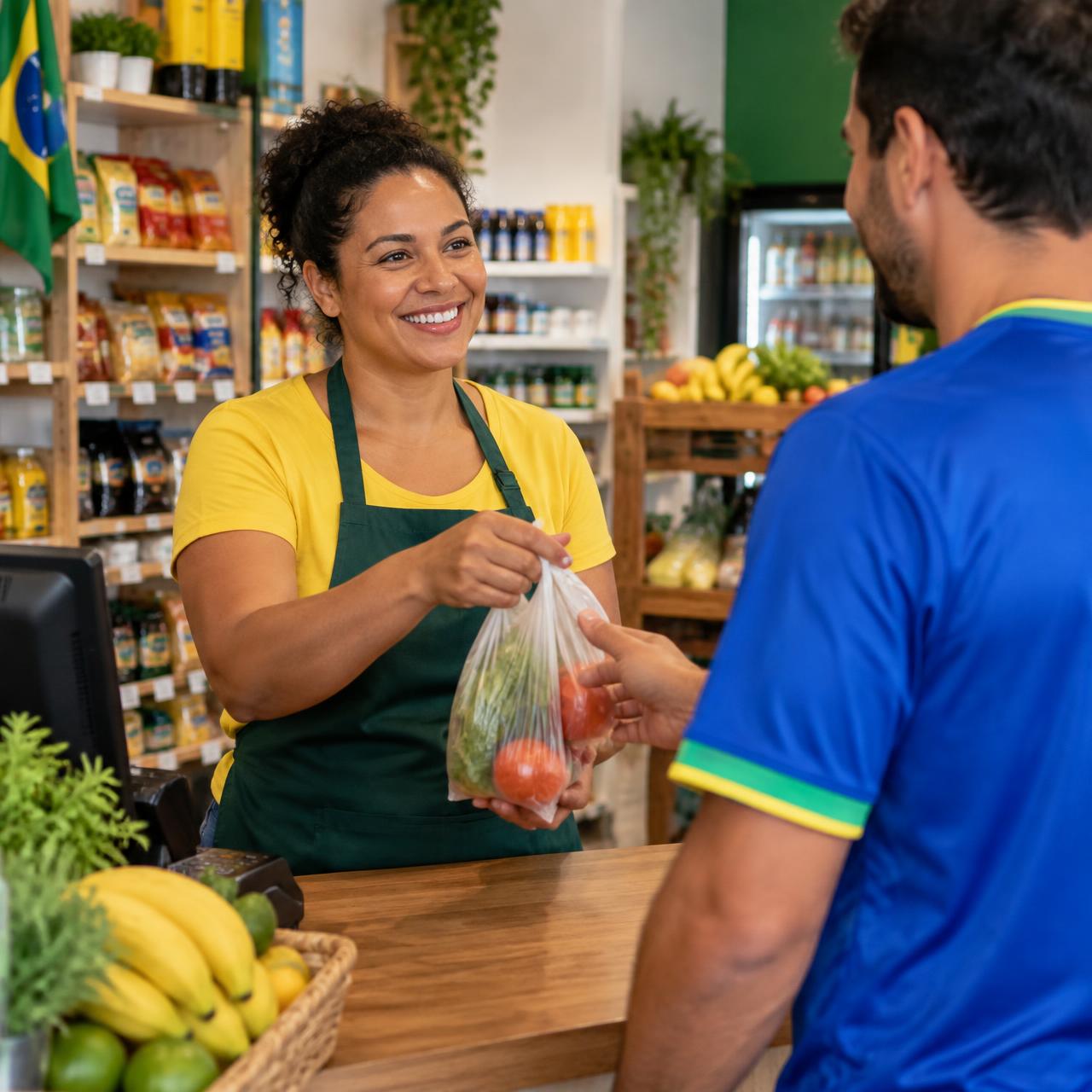 Lojista local atendendo cliente torcedor